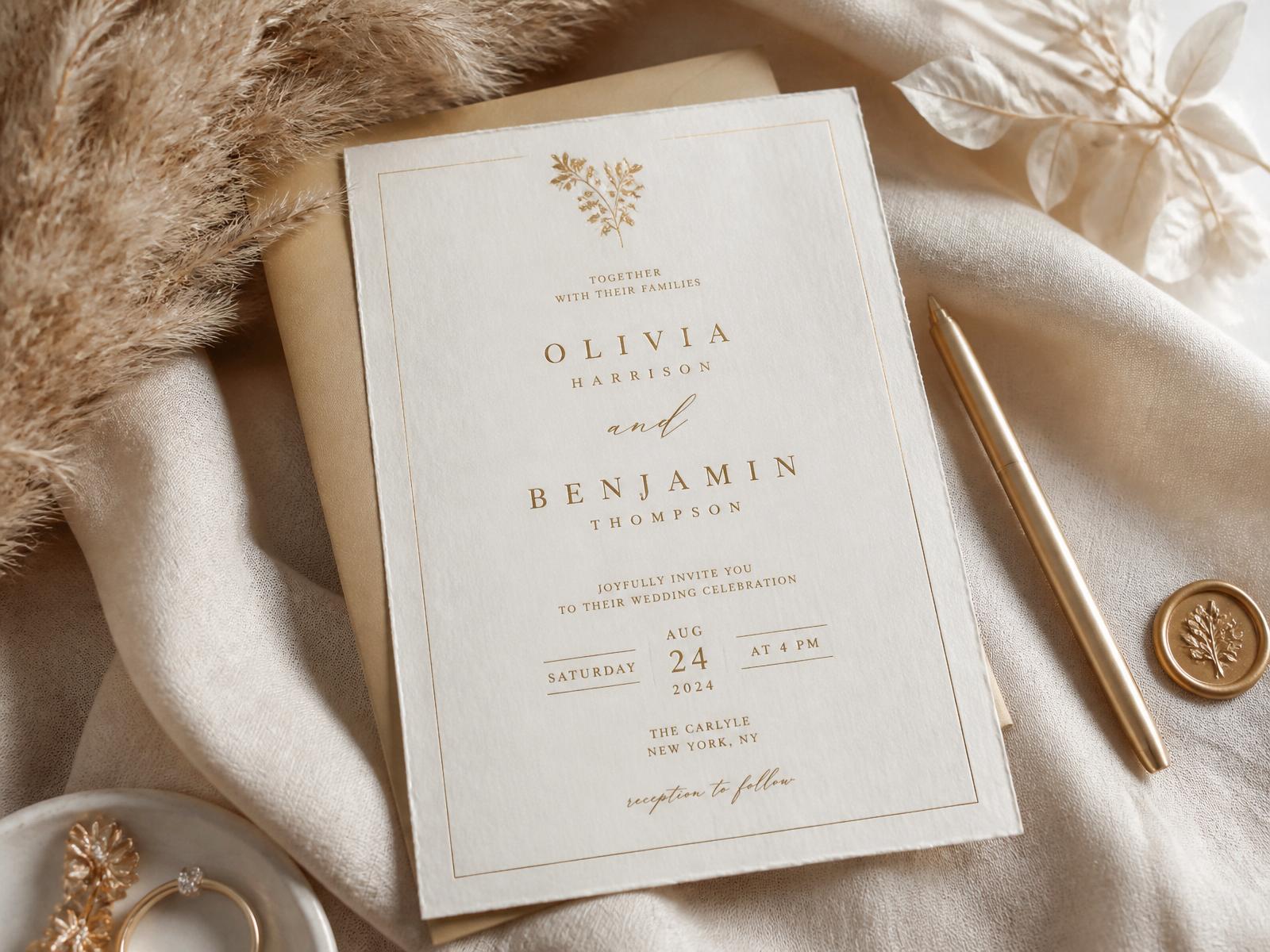 Handcrafted digital wedding invitation on cream linen with dried florals